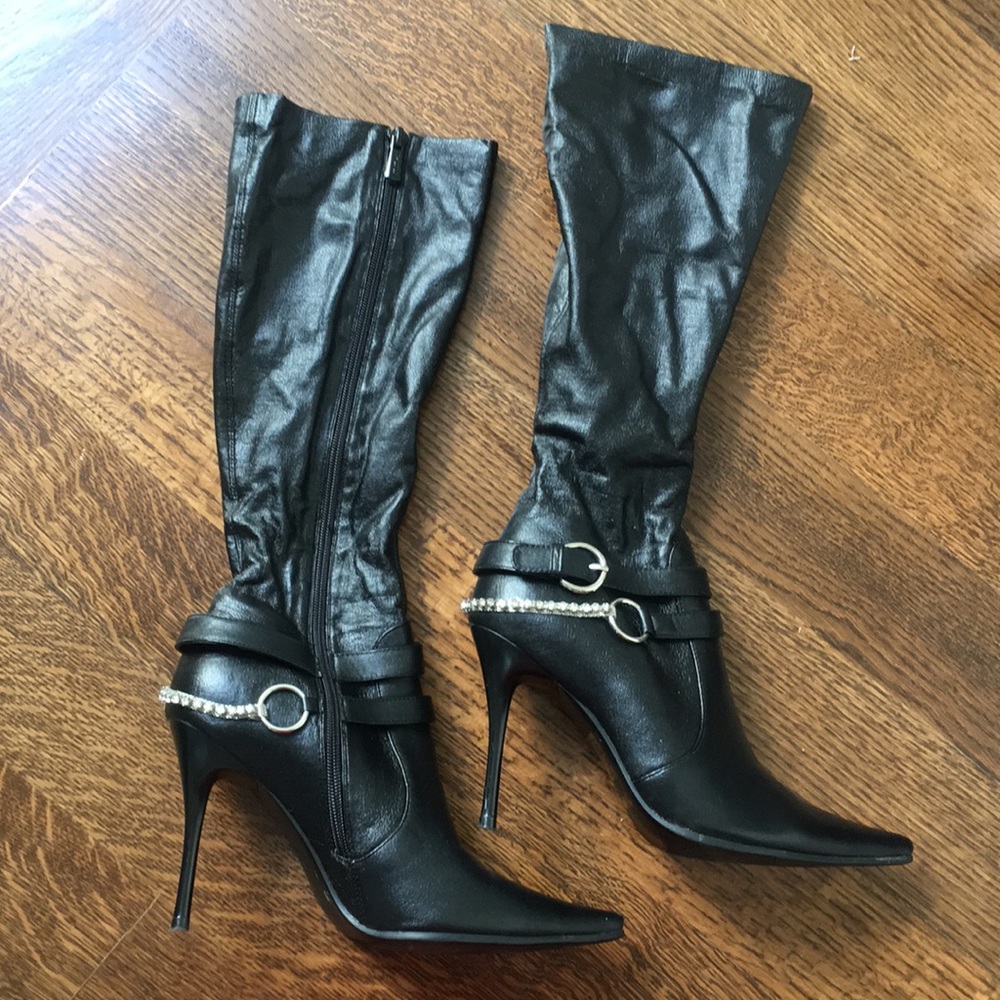 Black, size 7 boots, below the knee pointy boots